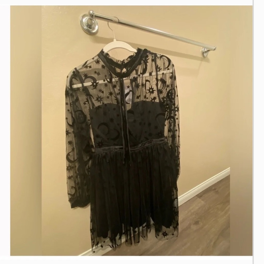 Witchy star & moon tulle mesh black mini dress NWT Halloween soft goth - Picture 4 of 4